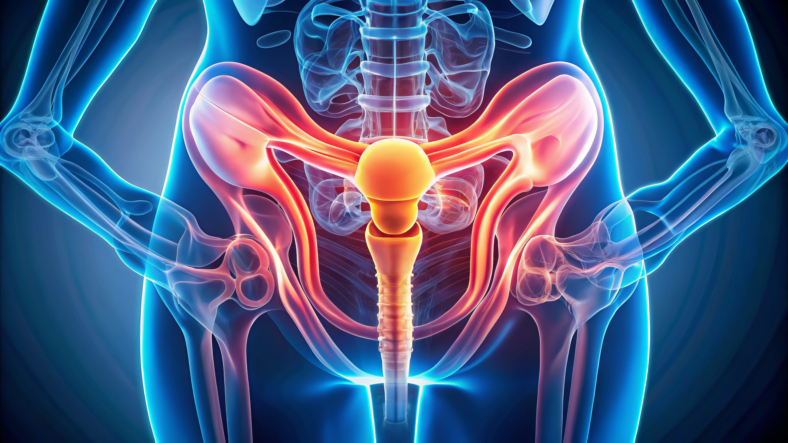 "A close-up medical image of the pelvic area, display a uterus, bladder, and surrounding tissues, with a prominent pelvic bone outline."